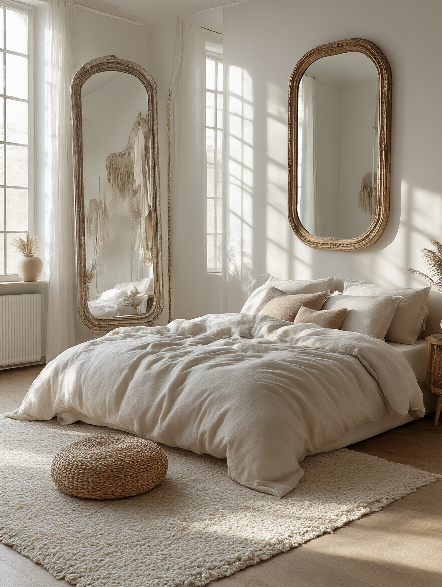 A spacious bedroom featuring a large mirror reflecting natural light and decor.