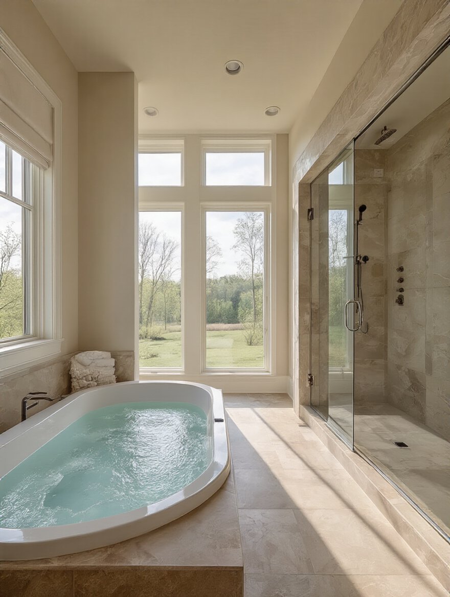 Luxurious open concept bathroom with freestanding tub and walk-in shower