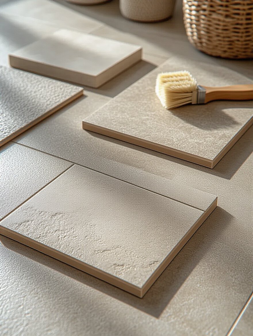 Close-up of durable bathroom flooring materials including porcelain tile and vinyl plank with detailed textures and subfloor tools, no people
