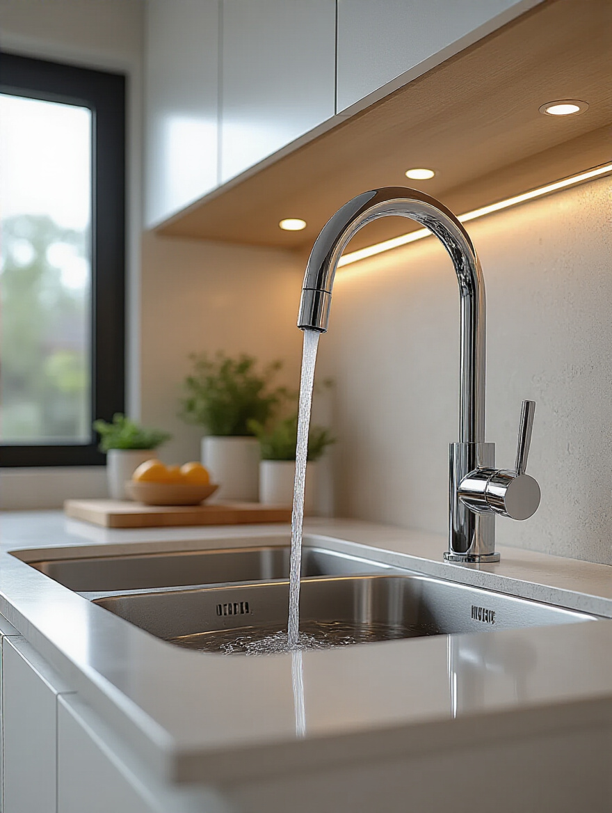 Modern kitchen sink with a sleek touchless faucet and sensor, chrome finish, water flowing, no people