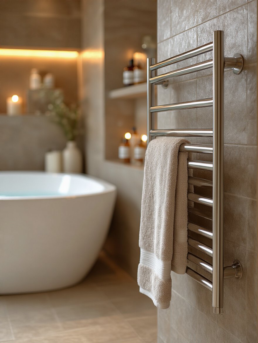 Luxurious heated towel rail in a modern bathroom with ambient lighting.