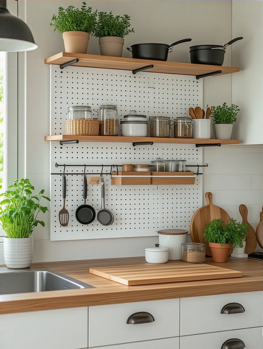 Portrait image of a modern kitchen wall with a neatly arranged customizable wooden pegboard holding utensils, pots, and small plants for flexible storage and display