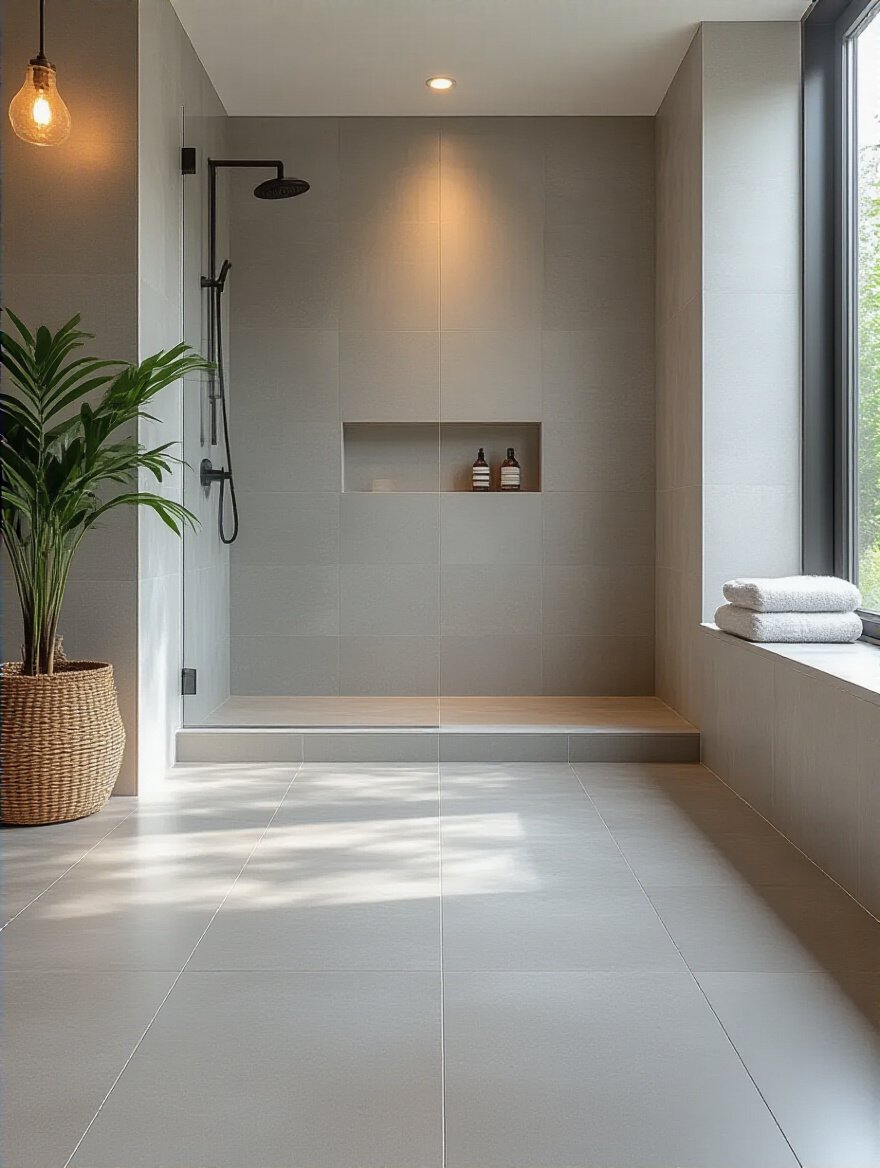 Bathroom floor featuring large format tiles creating a sense of spaciousness
