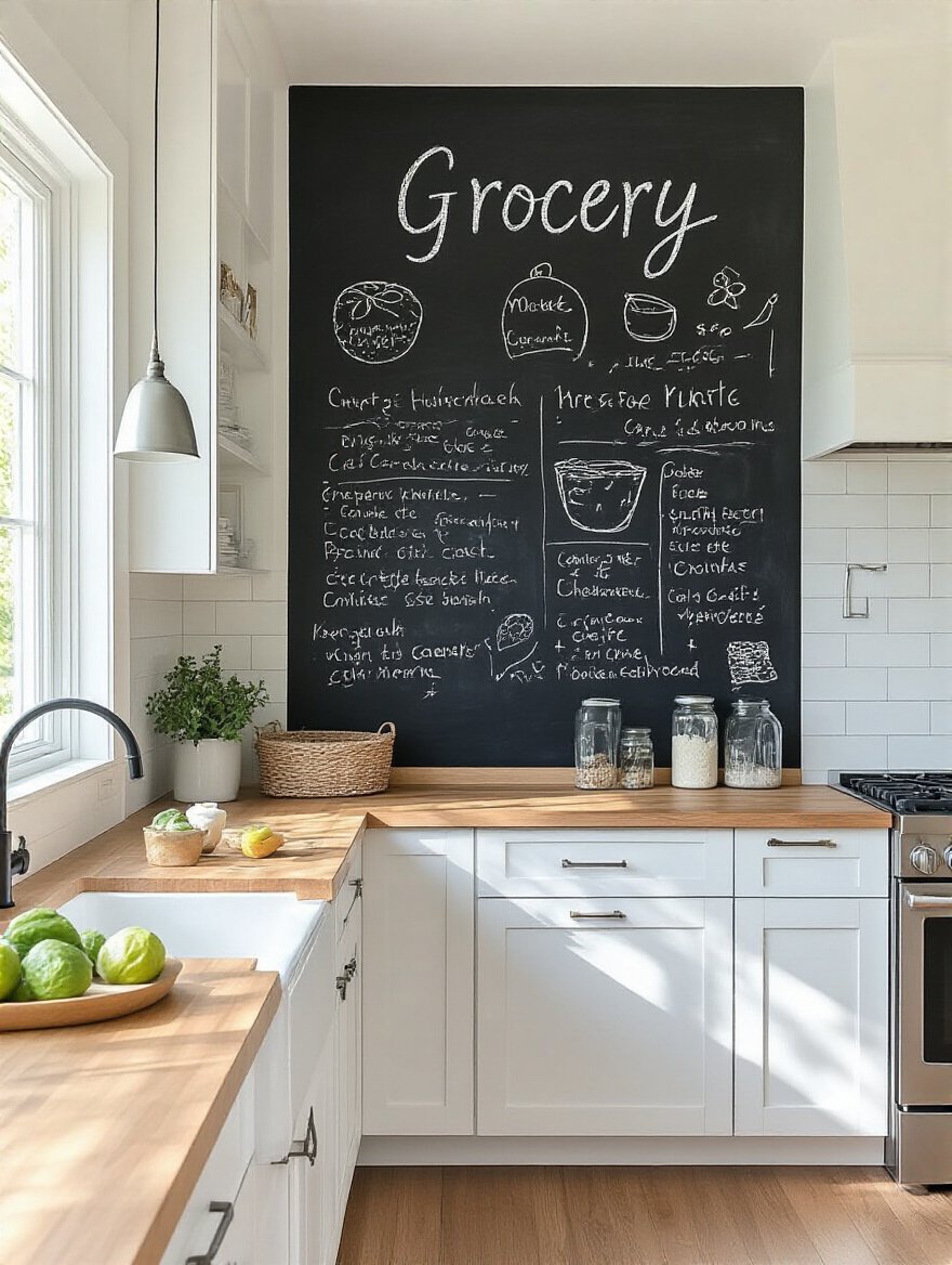Modern kitchen wall painted with chalkboard paint featuring handwritten notes and doodles, showcasing an interactive kitchen surface.