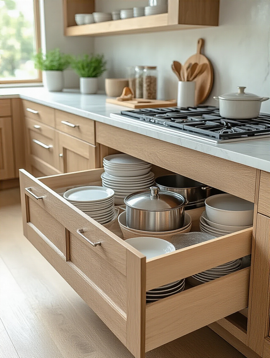 Modern kitchen with deep drawers showcasing organized dishes and cookware.