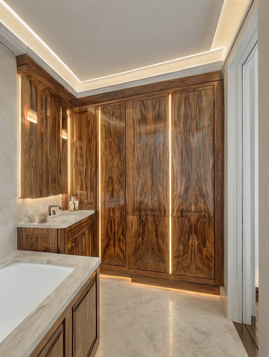 Luxurious bathroom with exotic wood veneer cabinetry and paneling