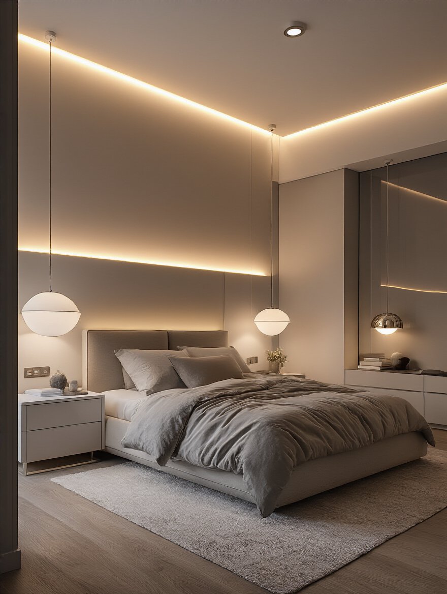 Luxurious modern bedroom illuminated with smart lighting systems creating a warm and adjustable ambiance