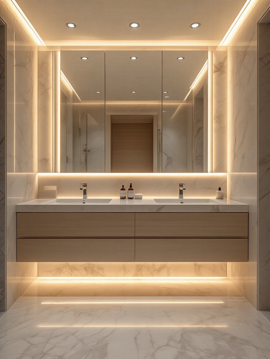 Modern luxury bathroom with layered ambient, task, and accent lighting creating a warm and inviting atmosphere