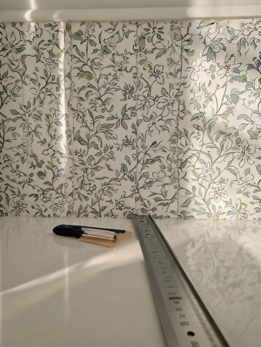 Alt: Close-up portrait-style shot of trimming tools (straightedge, fresh blade) aligned with a razor-sharp top edge on a wallpapered bathroom half-wall, no people.