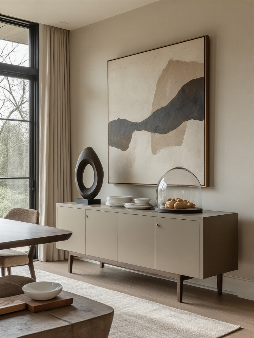 Vertical shot of a curated dining room accessories vignette on a credenza with art, sculpture, and dinnerware.