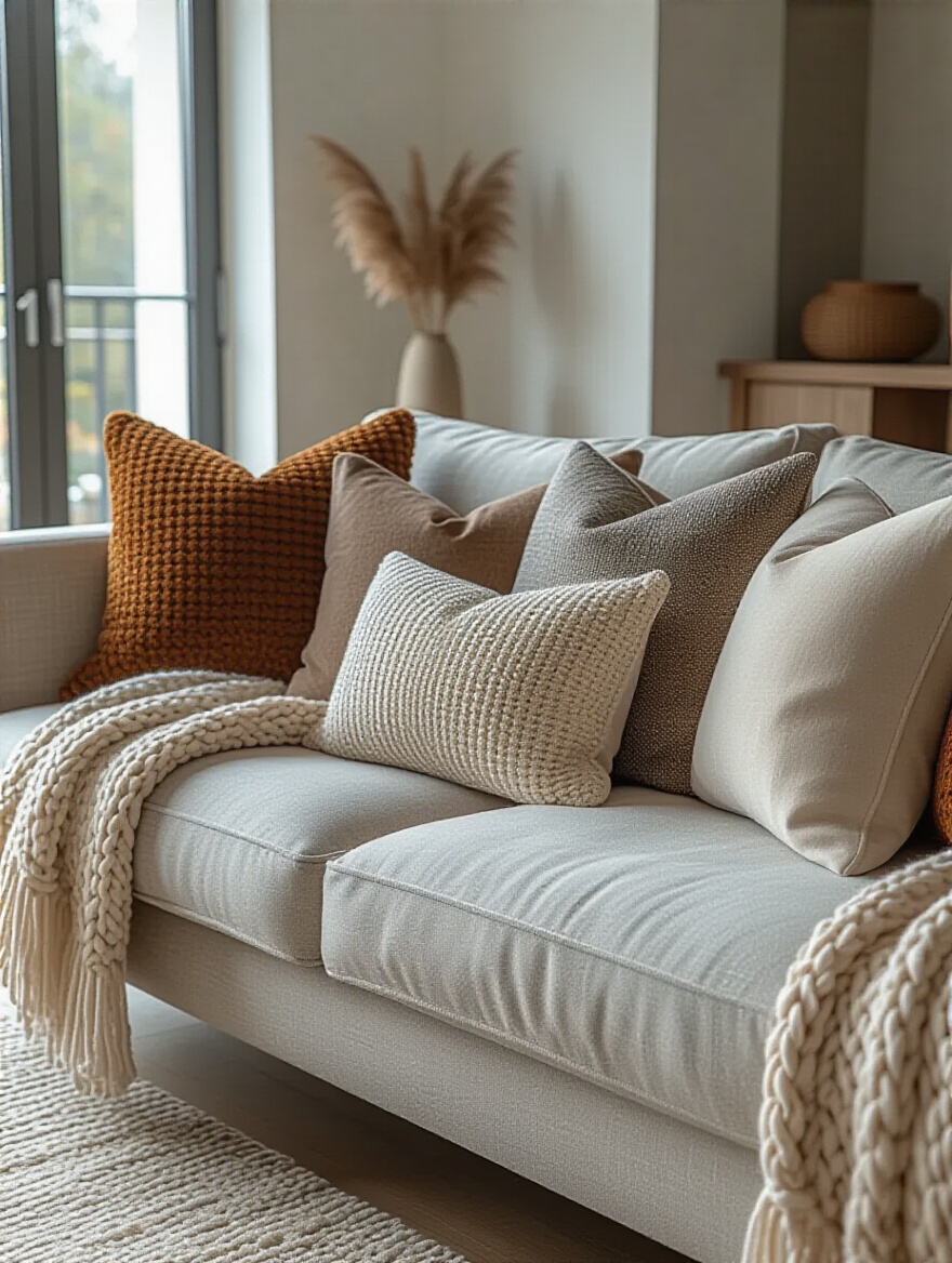 Apartment living room sofa with layered throw pillows in various textures and colors creating inviting comfort and visual interest