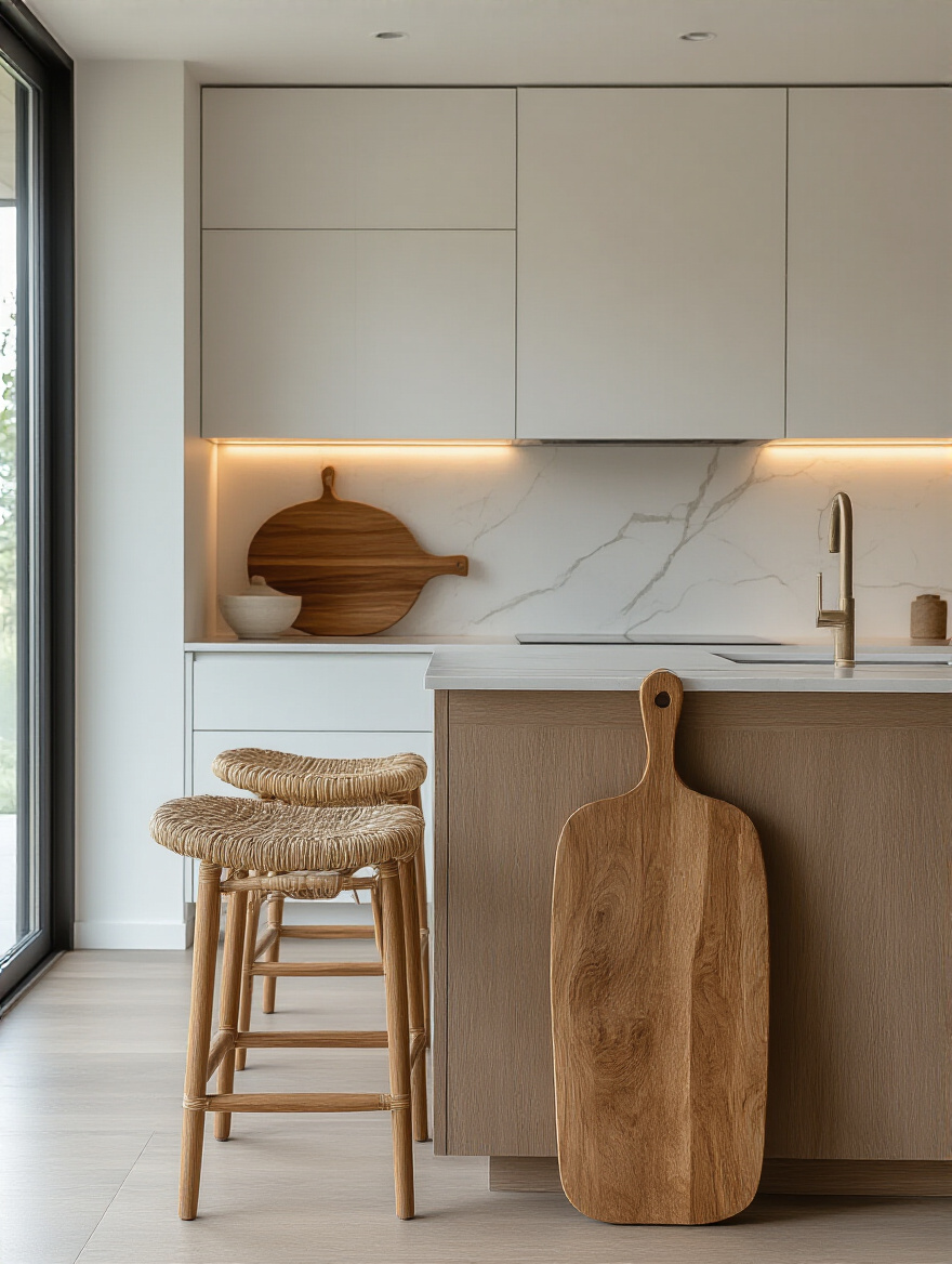 Modern kitchen interior with natural wood cutting board and woven bar stools adding subtle textural accents