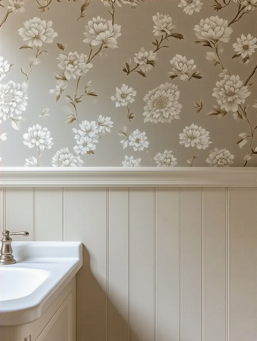 Bathroom wall with wallpaper half-wall and white top border trim