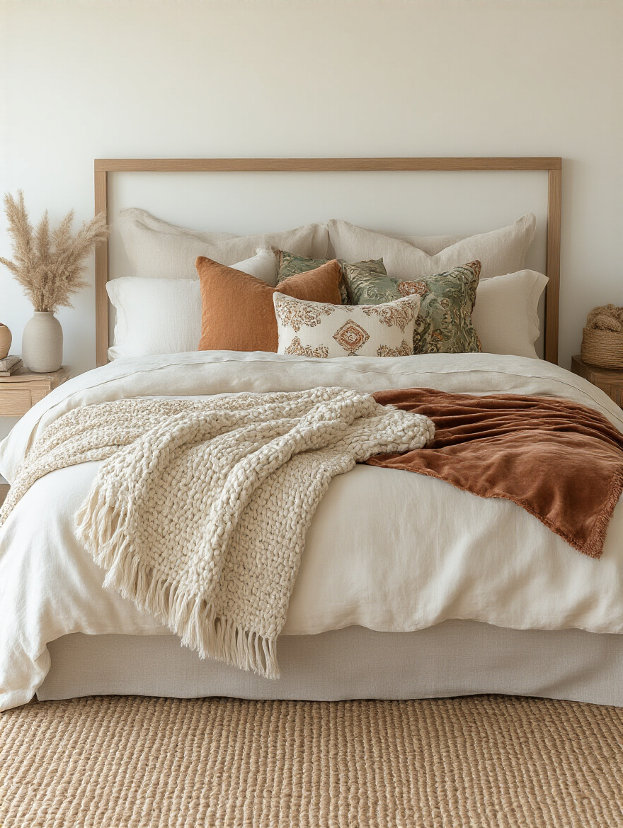 Bed layered with textured linens and eclectic boho pillows in a cozy bedroom.
