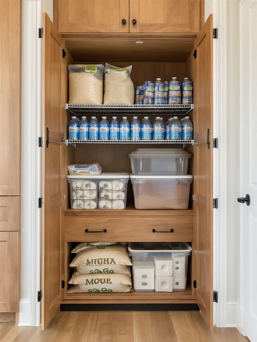 Vertical photo of an organized pantry alcove with heavy-duty pull-out drawer, clear airtight bins and wire shelving holding large bulk items.