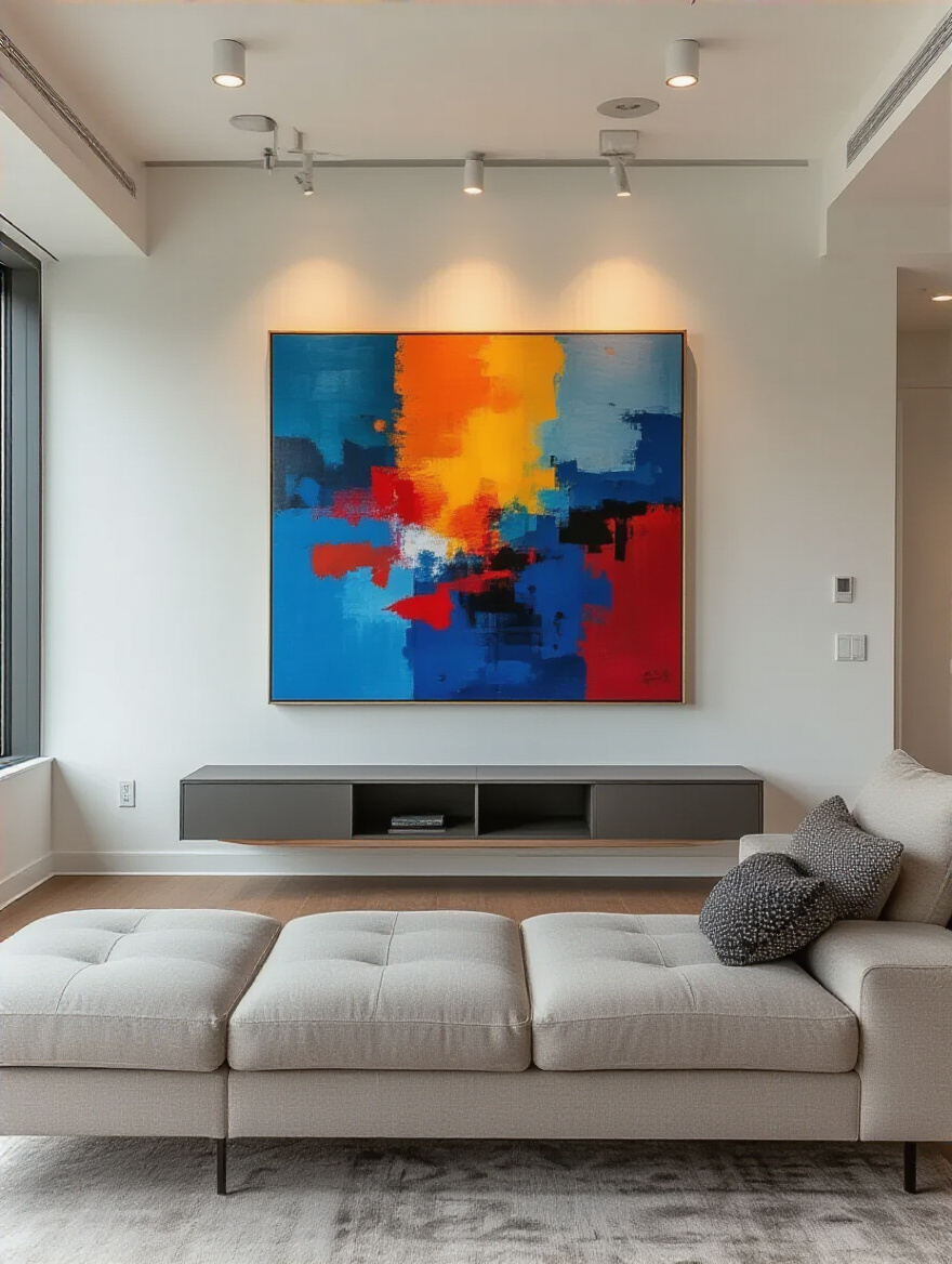 Modern apartment living room with a large abstract painting as the focal point, neutral sofa facing it, and layered lighting highlighting the artwork
