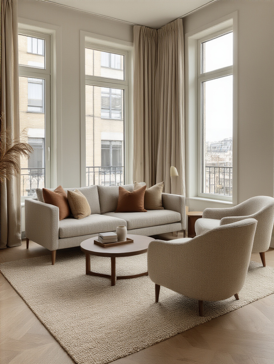 Apartment living room with angled sofa and swivel armchair creating an intimate conversation area with round coffee table and natural lighting