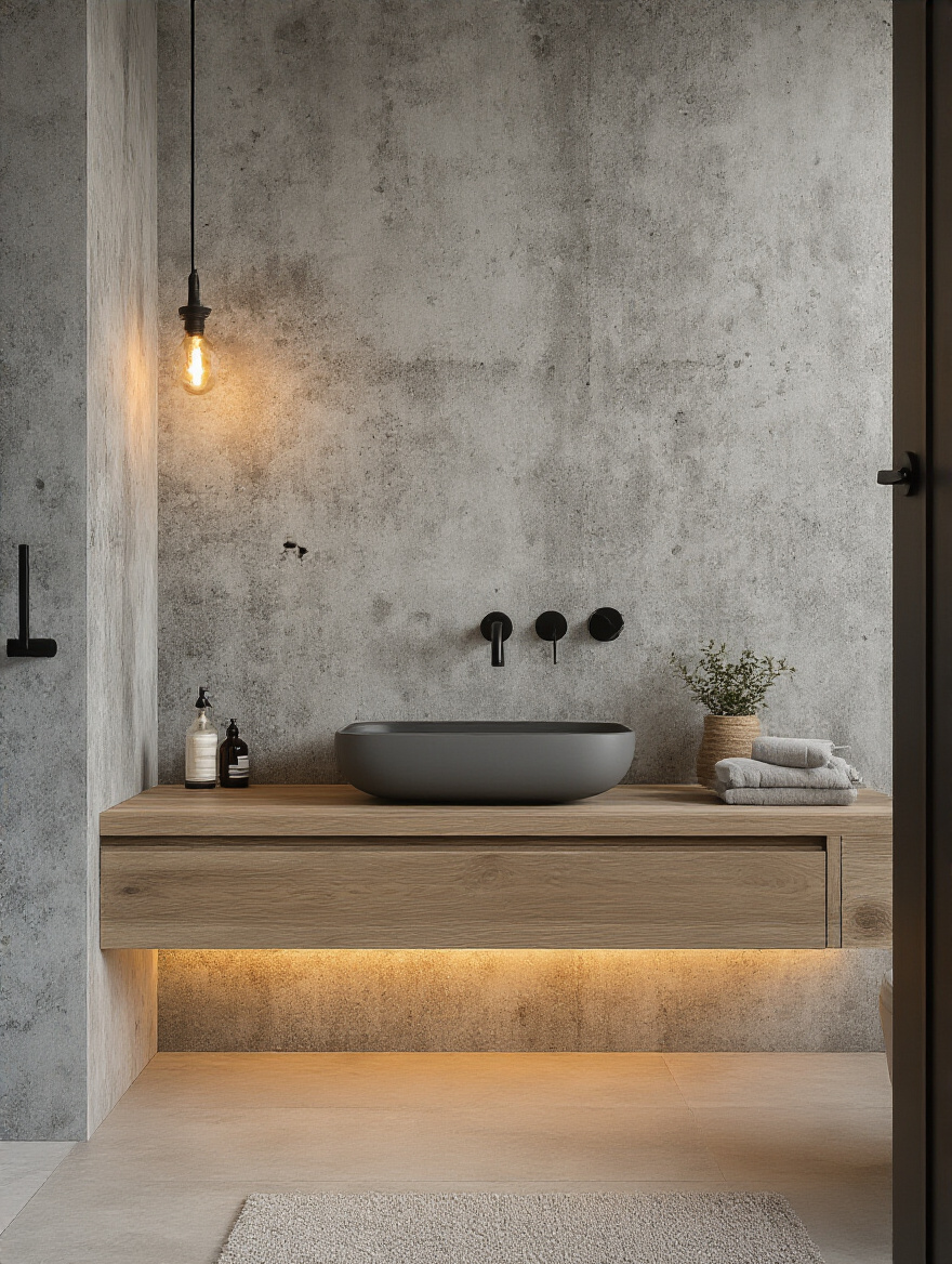 Modern bathroom with faux concrete textured wallpaper feature wall, industrial chic style, matte black fixtures, and floating wood vanity