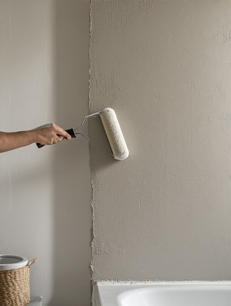 Close-up portrait view of a bathroom wall being primed with a paint roller and brush for superior wallpaper adhesion and finish