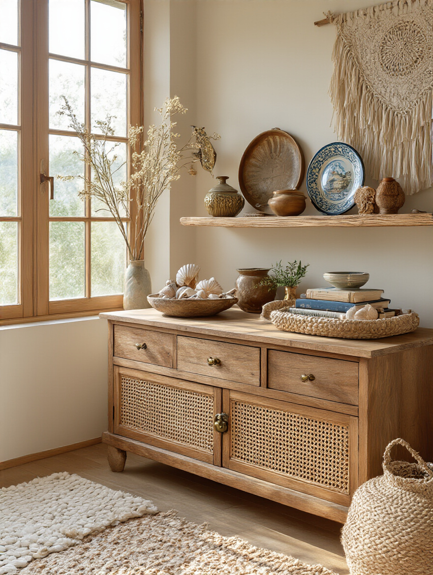 Boho bedroom displaying curated collectibles and travel souvenirs on dresser and shelves