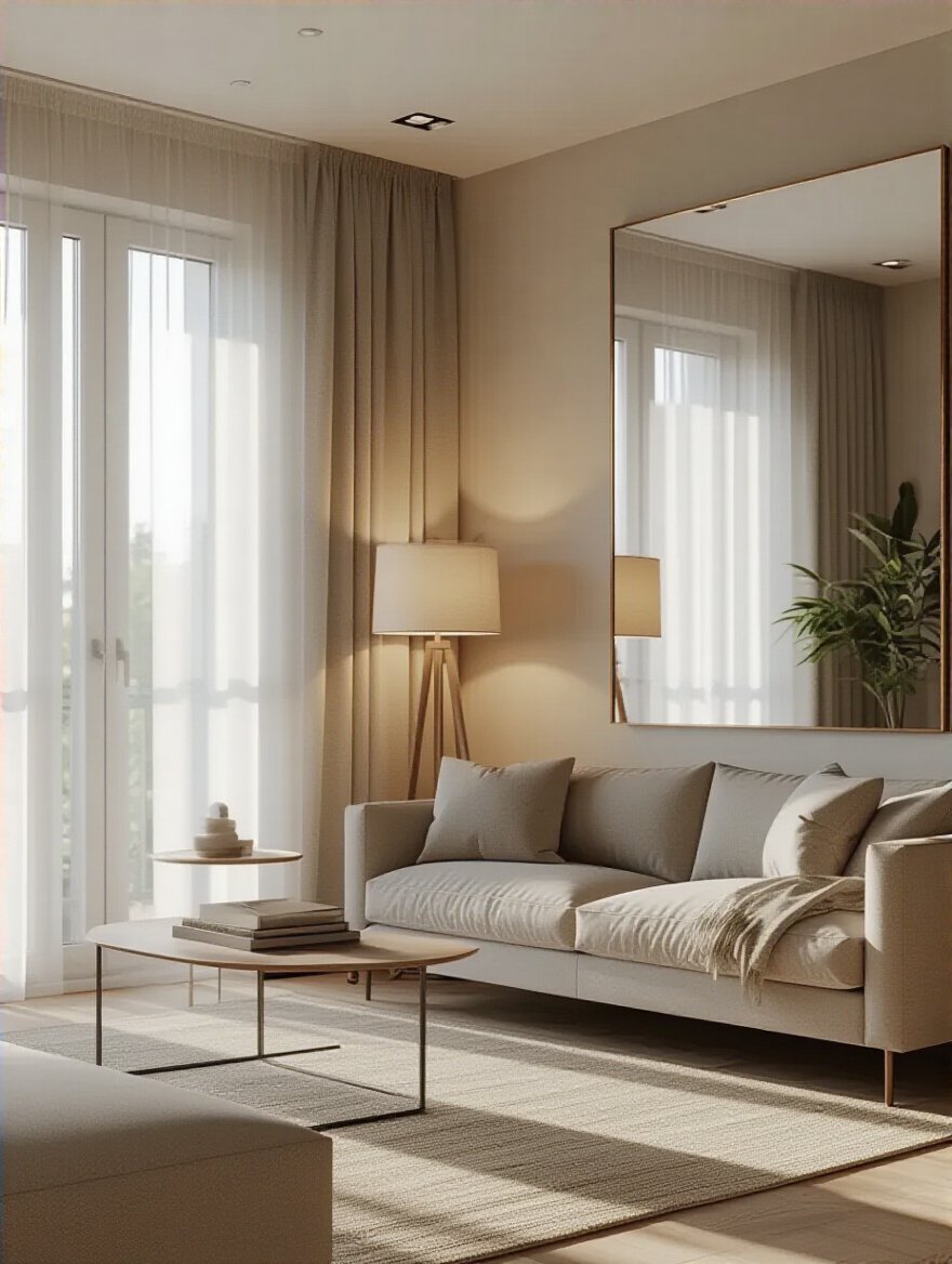 Bright and inviting modern living room with layered natural and artificial lighting, featuring large windows, sheer curtains, floor lamp, and reflective surfaces