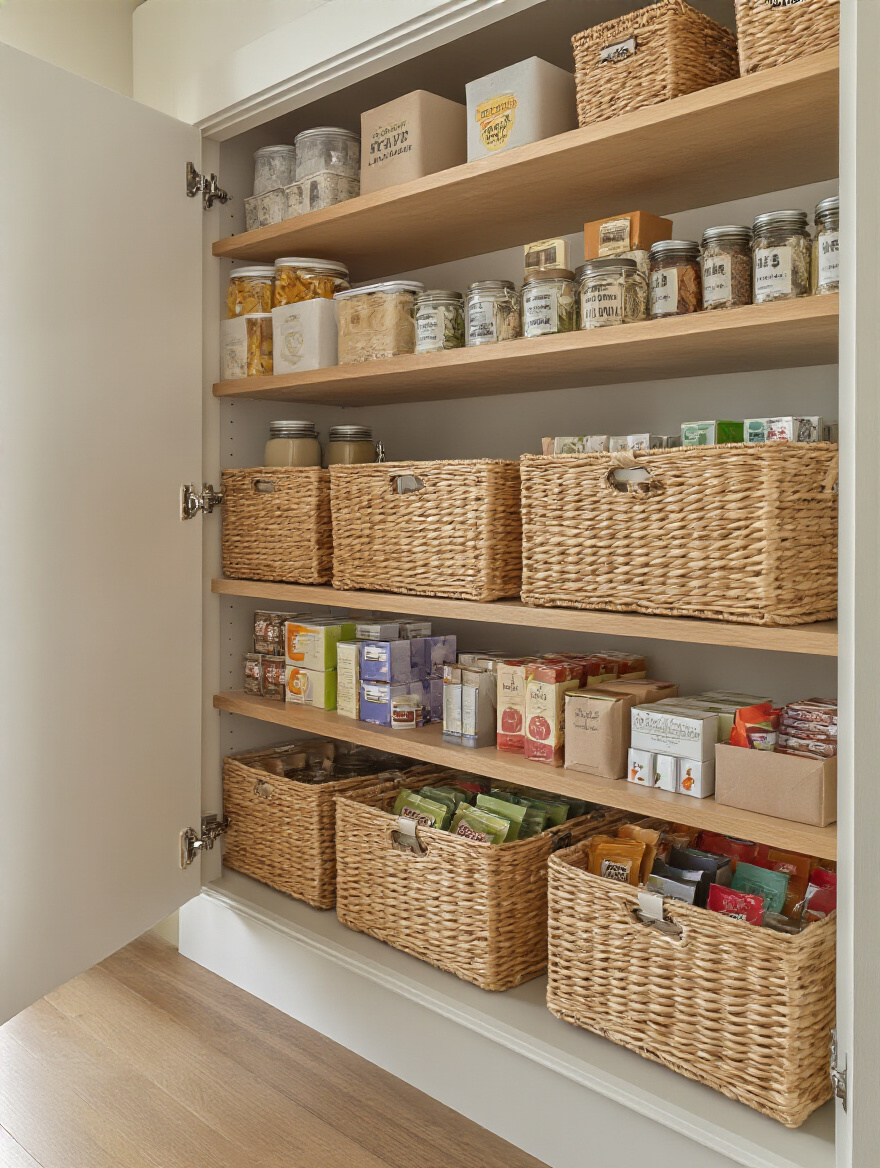 Vertical pantry shot showing under-shelf baskets clipped beneath wooden shelves holding organized snacks and small items