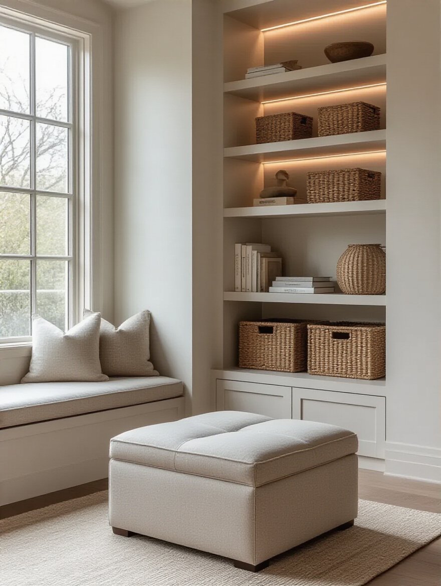 Elegant living room corner with built-in shelves and multi-functional storage ottoman balancing storage and aesthetics