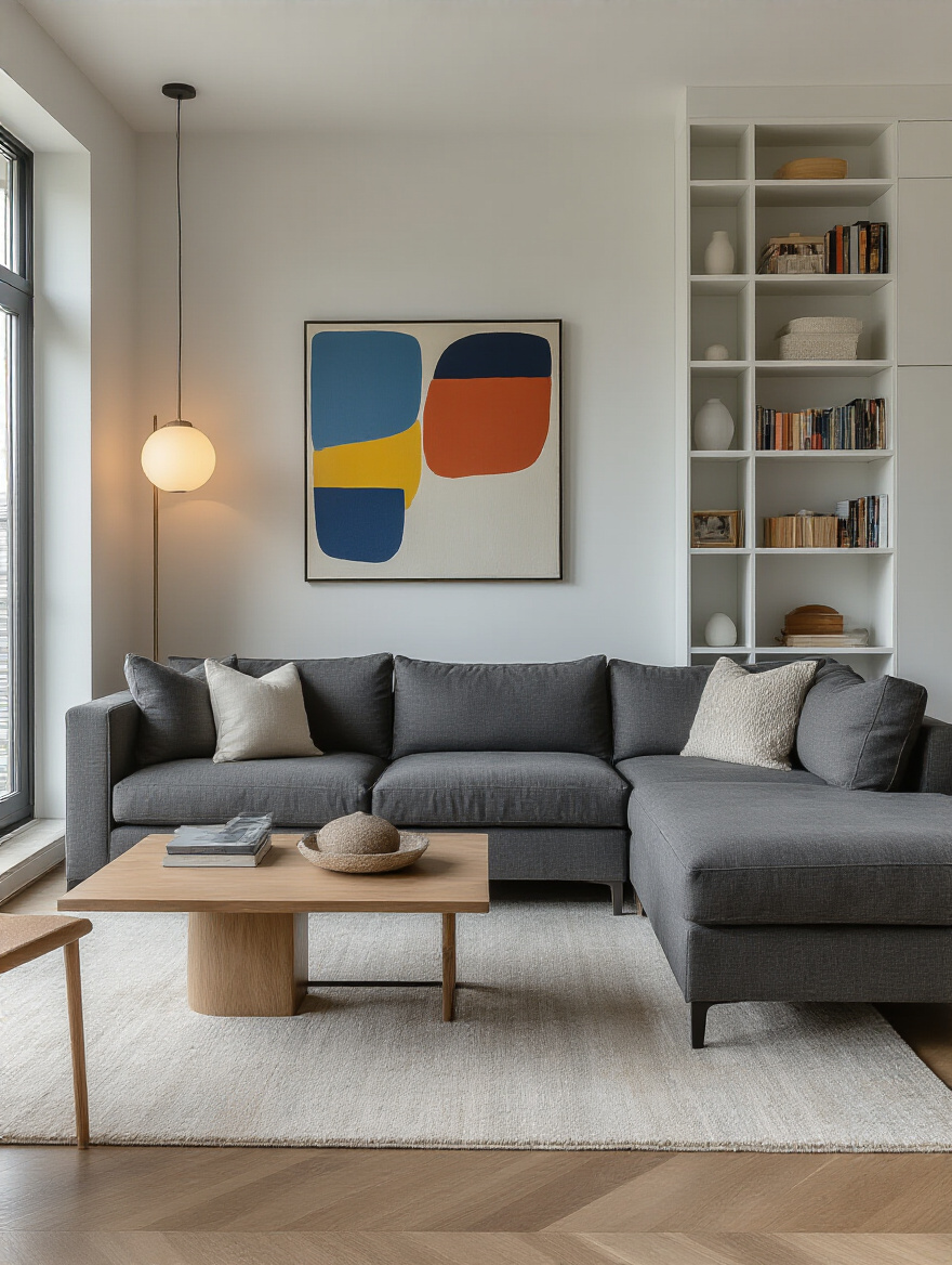 Apartment living room with balanced visual weight featuring dark sectional sofa and tall white bookcase with colorful art, creating harmony and calm