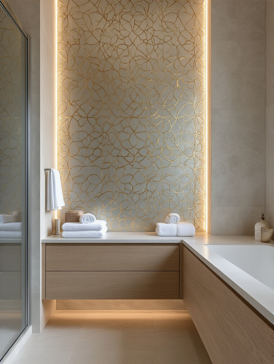 Modern bathroom with metallic accented wallpaper on accent wall, brushed gold geometric patterns, matte wood vanity, and soft lighting