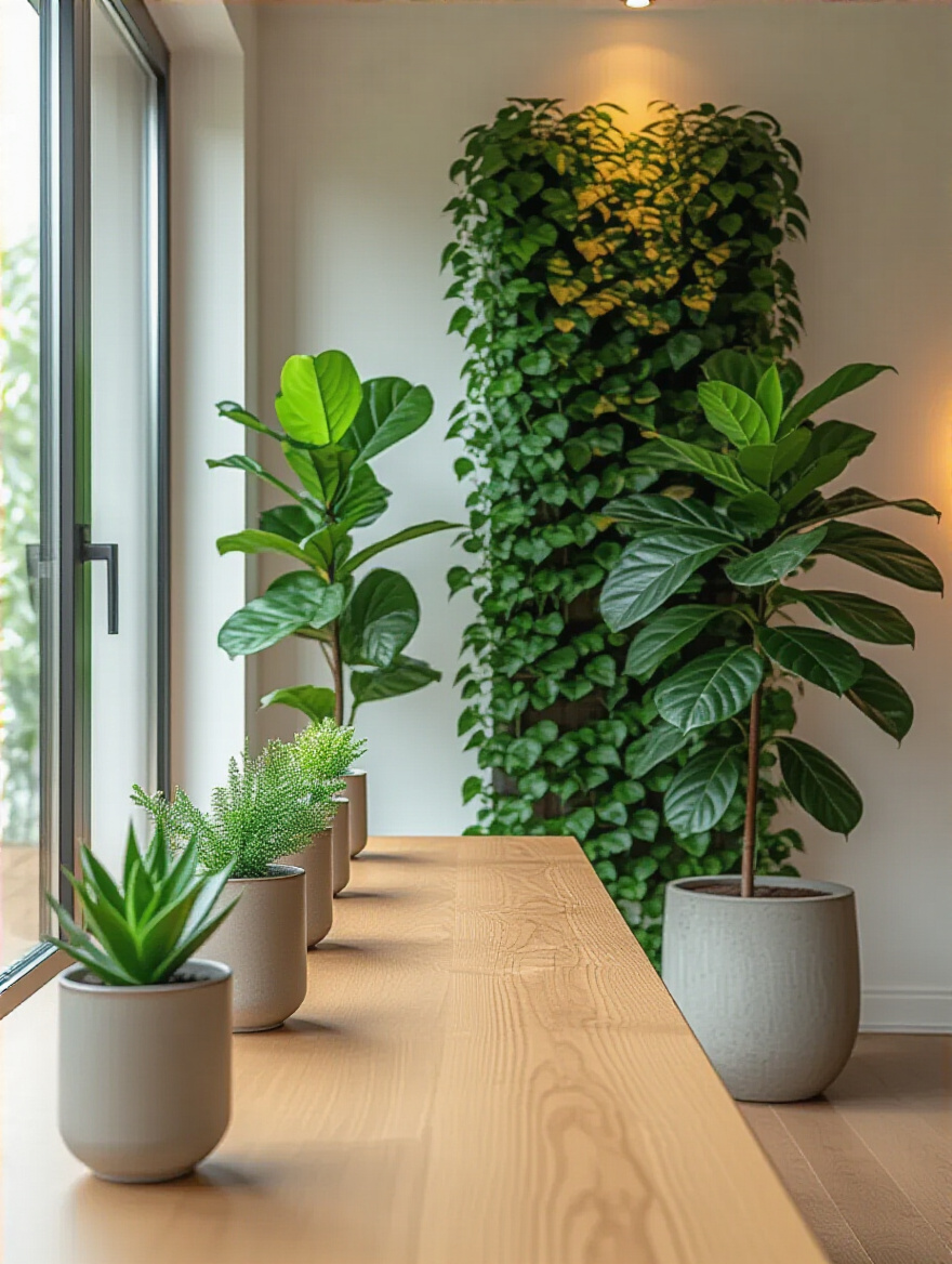 Portrait view of a contemporary dining room featuring lush greenery and a tall plant, illustrating an organic modern aesthetic.