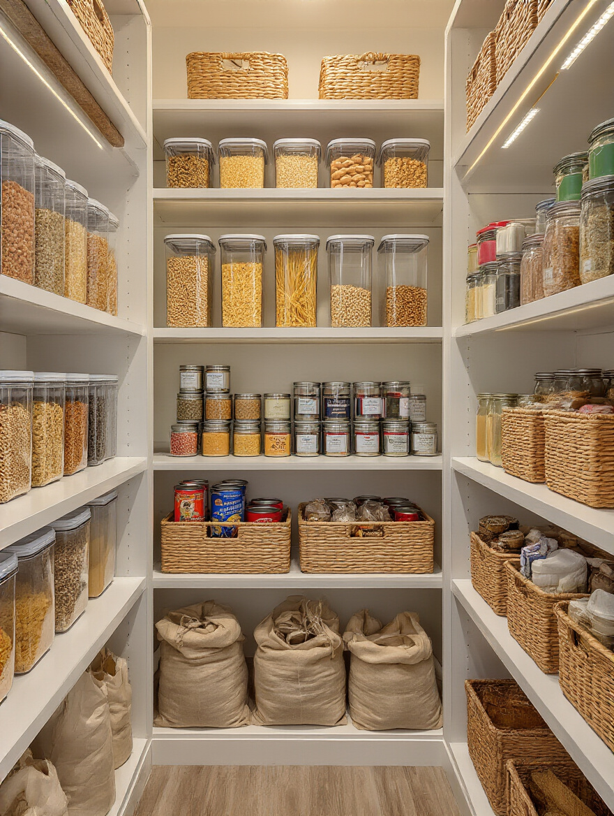 Vertical photo of a neatly organized pantry with clear containers, tiered can risers, color-coded lids and baskets showing categorized food zones