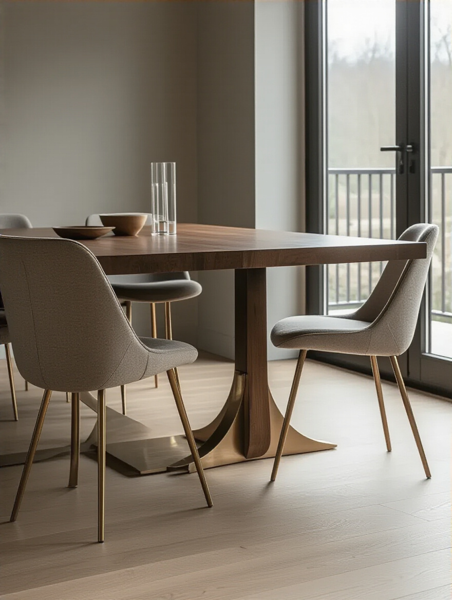 Portrait of dining chairs highlighting sleek linear legs and sculptural bases around a contemporary dining table