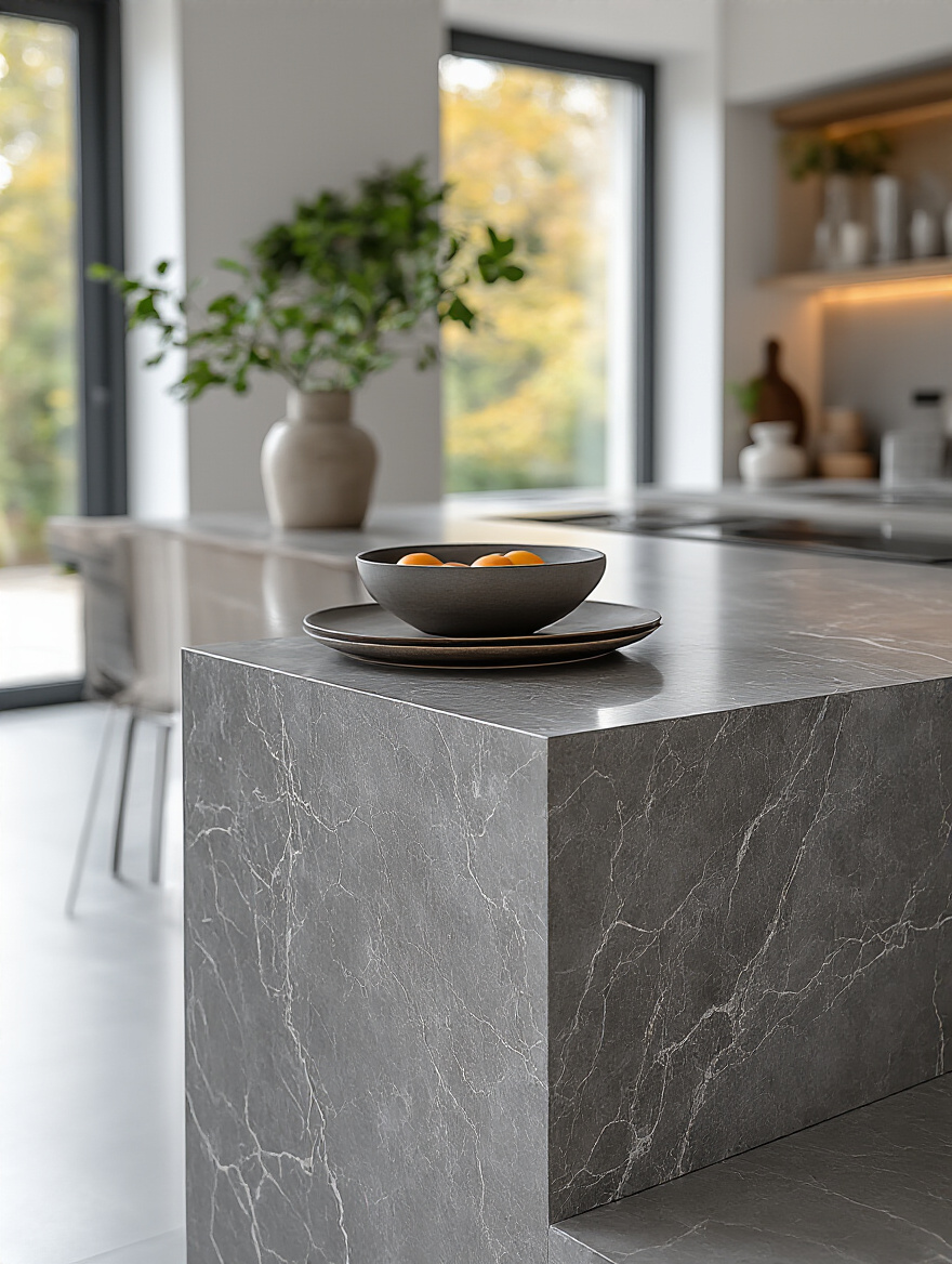 Modern kitchen with sleek durable quartz countertop featuring a polished waterfall edge and minimalist design under natural daylight