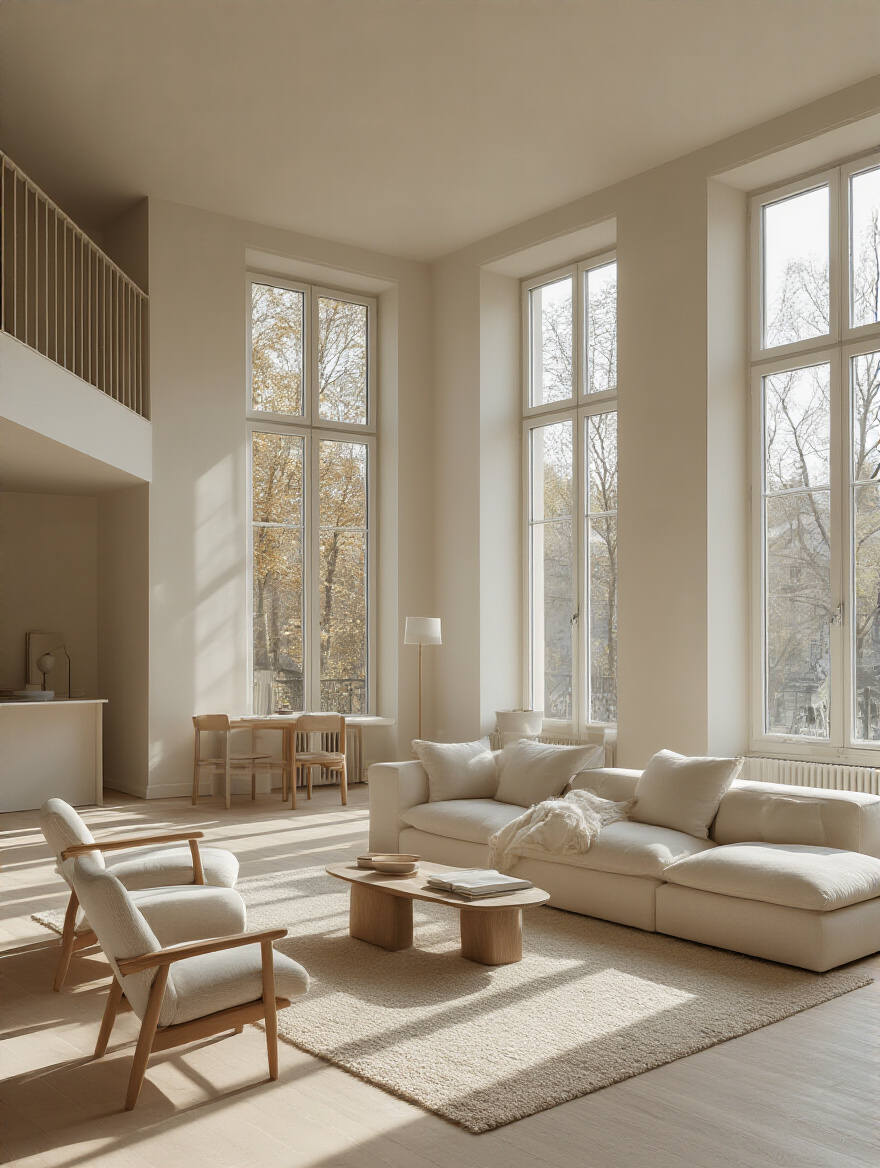 Apartment living room painted in light neutral colors with natural light enhancing space