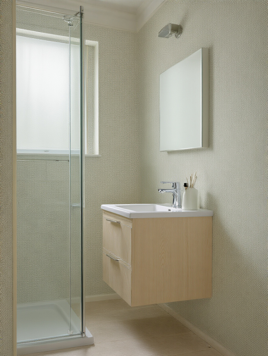 Bathroom half-wall with water-resistant solid vinyl wallpaper showing a wipe-clean surface and subtle texture.