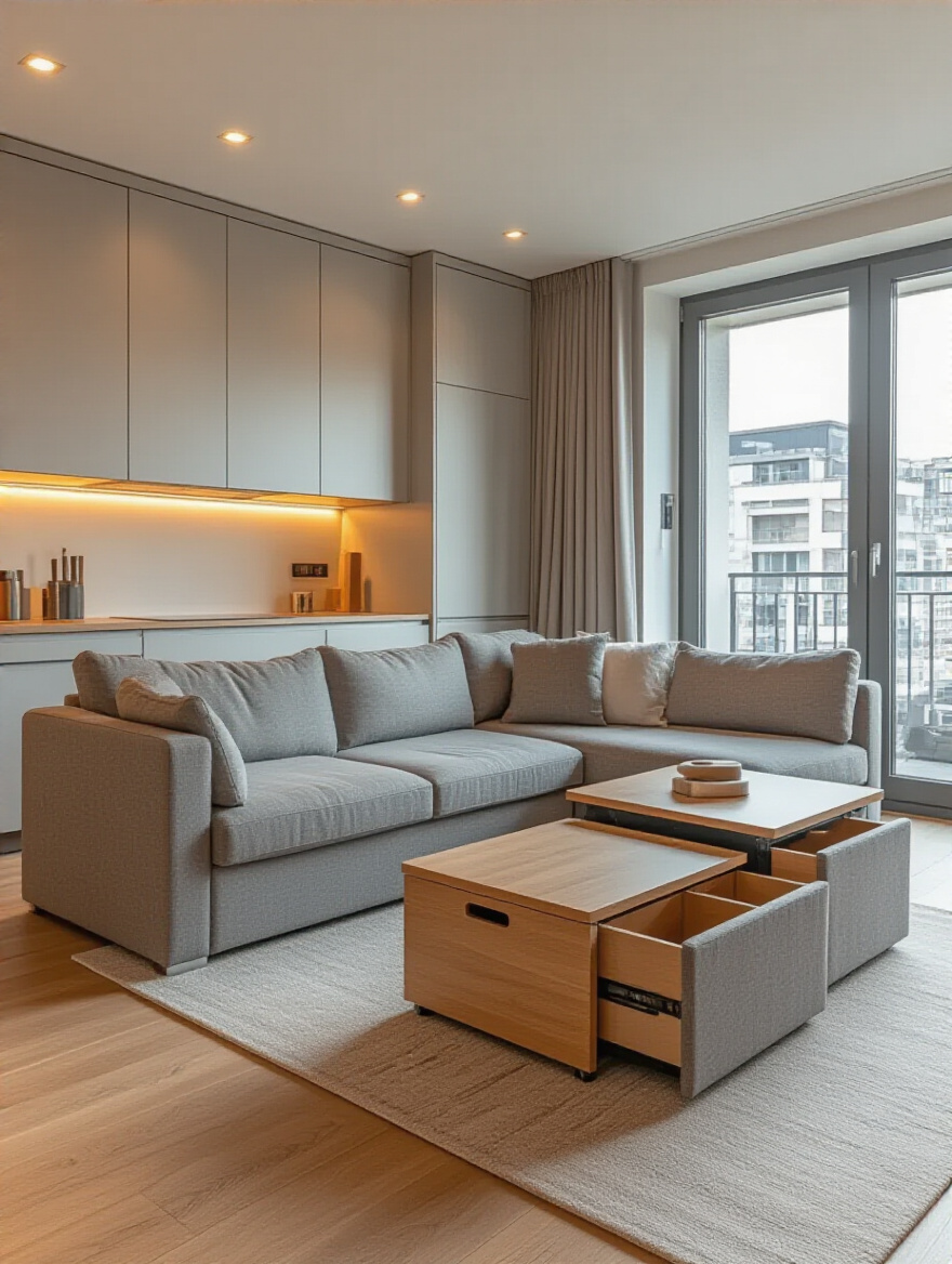 Compact apartment living room with multi-functional furniture including sofa bed and lift-top coffee table