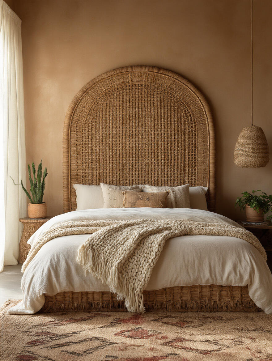 Vertical bohemian bedroom with a textured woven headboard as focal point, warm natural tones, plants