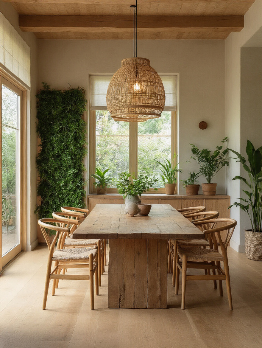 Portrait view of an eco-conscious contemporary dining room with sustainable materials and greenery.
