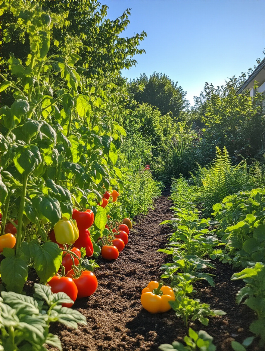 Portrait image of a sunlit backyard vegetable garden illustrating optimized sunlight access for healthier plant growth