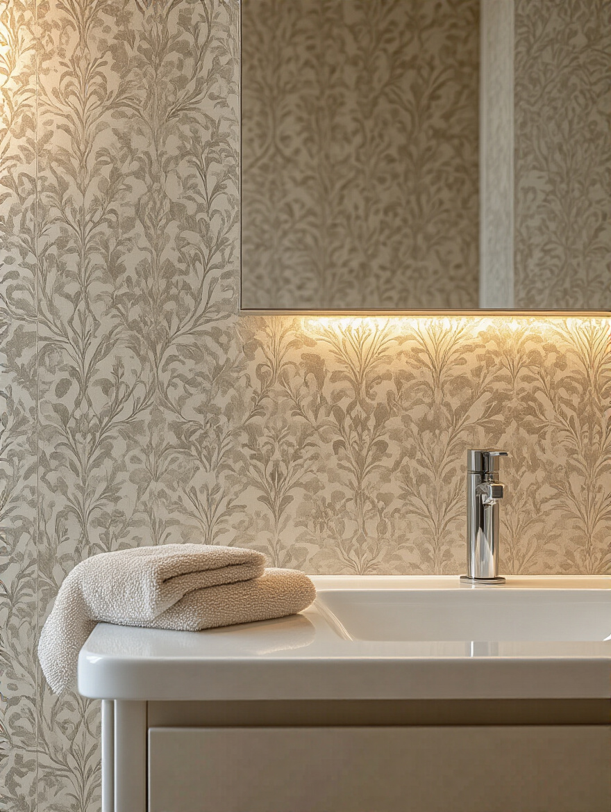 Vertical bathroom scene with a half-wall wallpaper in neutral tones, clean vanity, and a microfiber cloth on the sink edge.