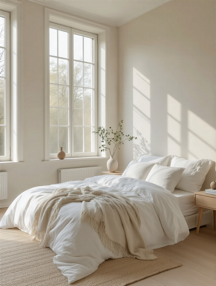 Serene clutter-free bedroom with natural light and minimal decor.