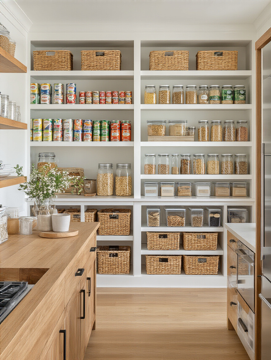 Open pantry with grouped items on a kitchen island for a detailed pantry inventory