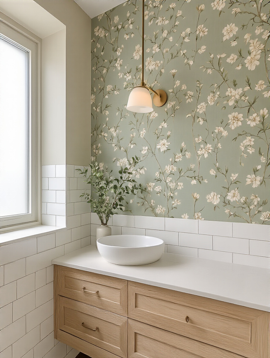 Modern bathroom with coordinated wallpaper colors matching wooden vanity and white subway tiles