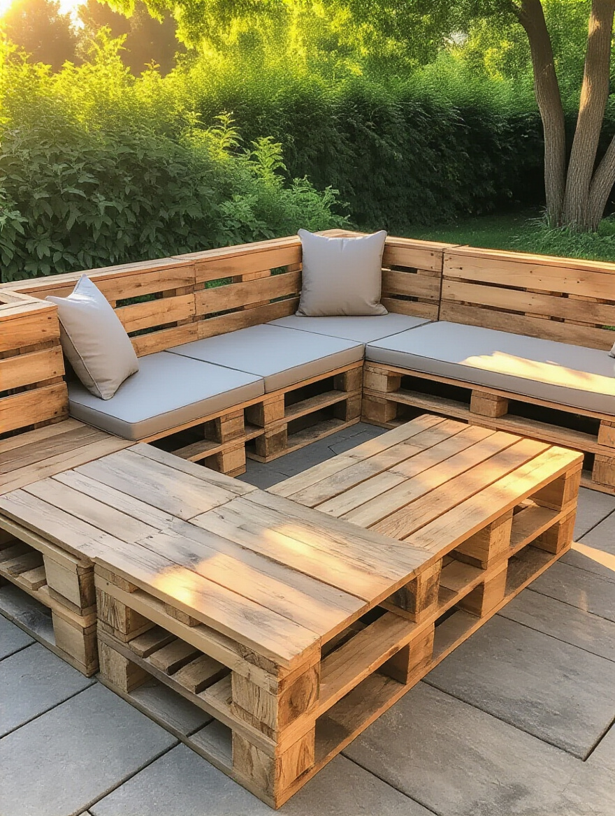 Custom L-shaped outdoor seating made from reclaimed pallet wood with cushions in a sunny backyard