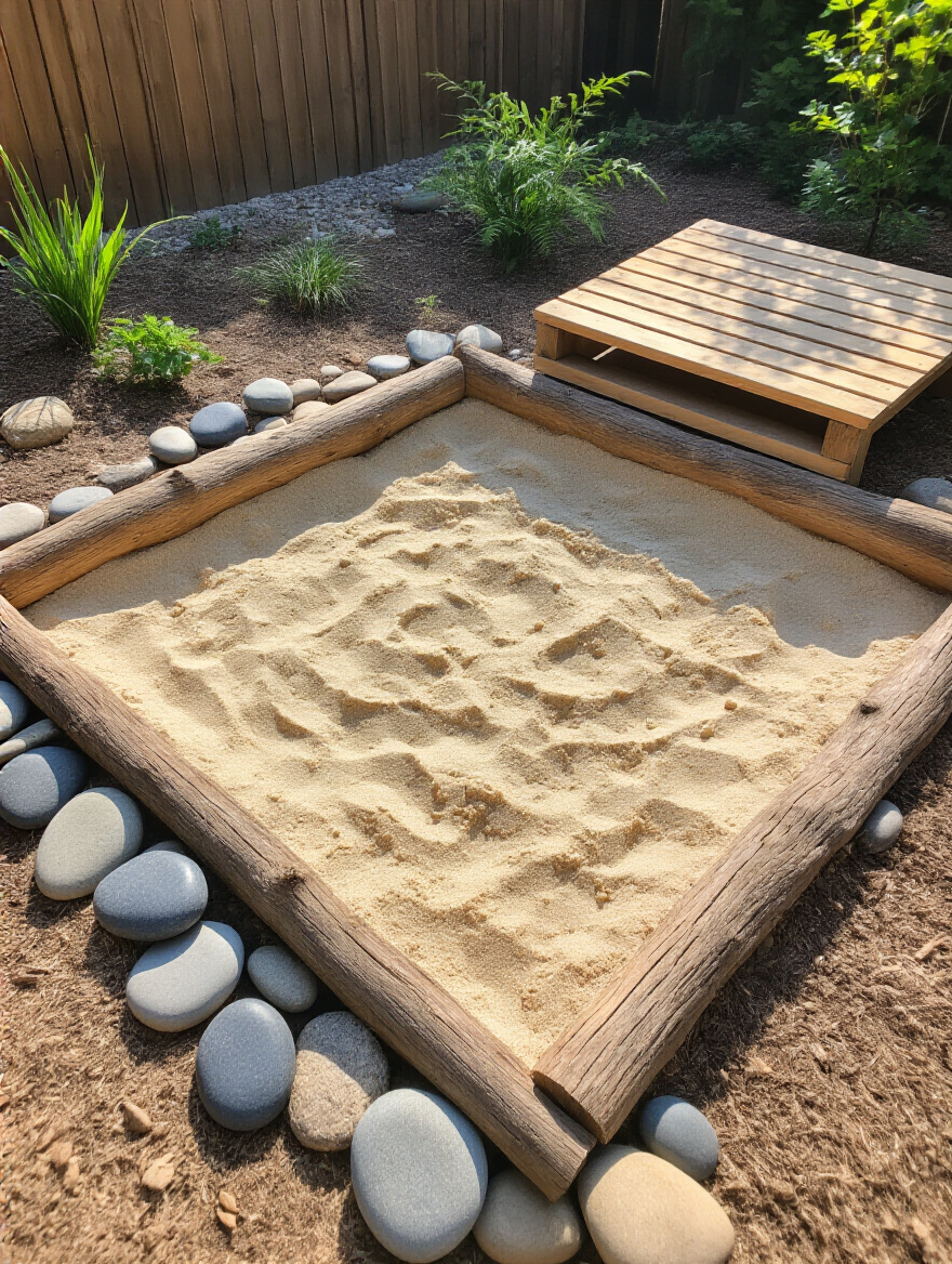 Natural backyard sandpit play area for kids with wooden log border and clean play sand, no people