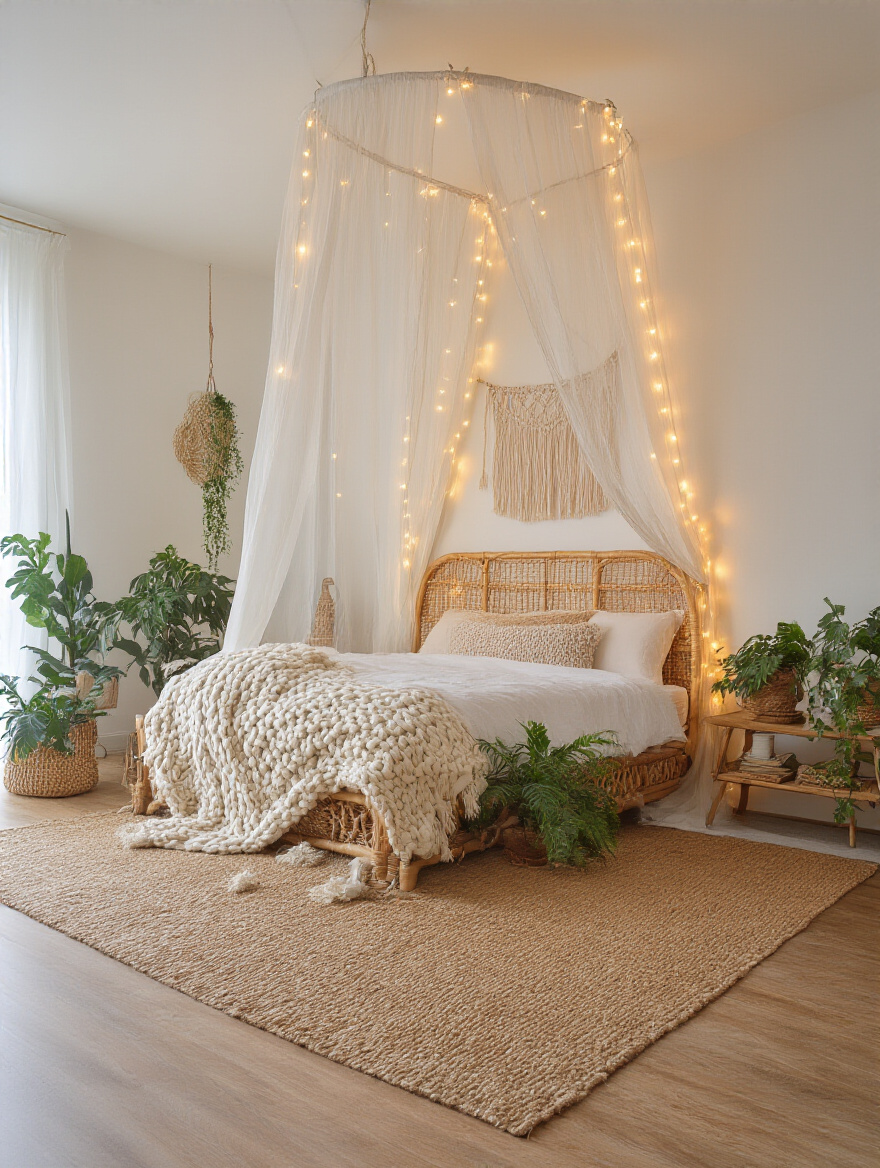 Boho bedroom with warm string lights creating ambient mood lighting around a canopy bed