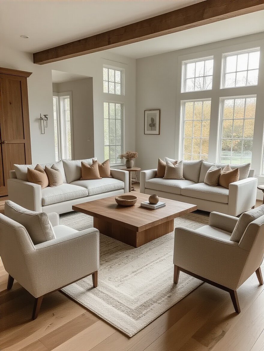Living room conversation zone with sofas and accent chairs arranged for intimate interaction