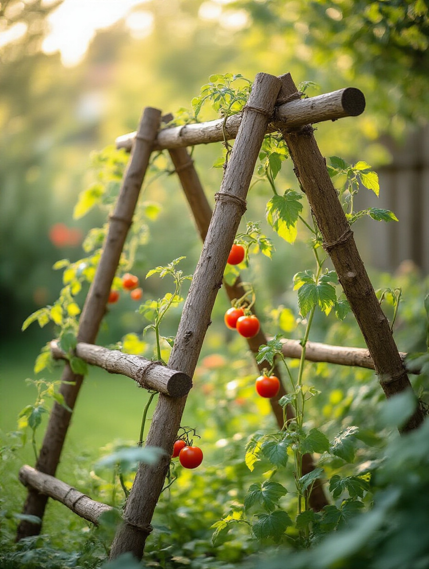Rustic garden trellis made from foraged branches supporting climbing plants in a backyard garden