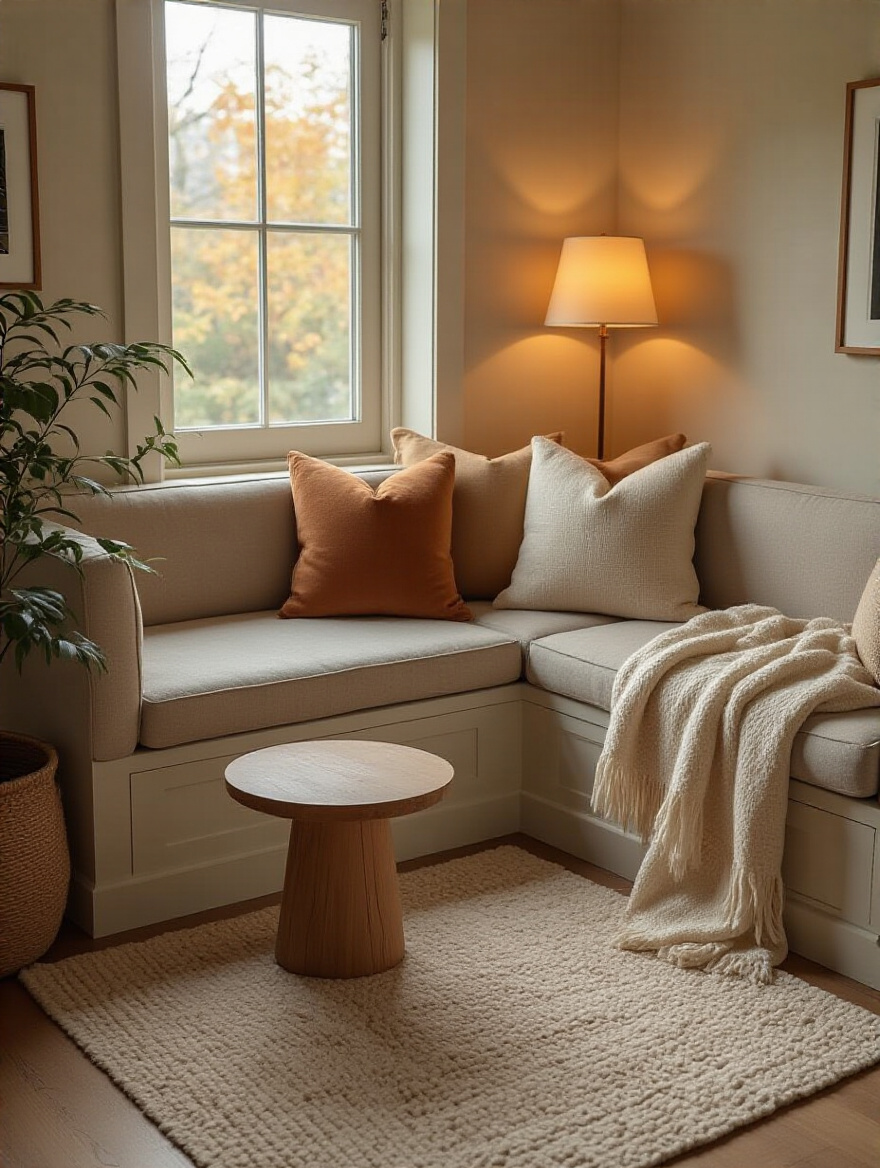 Portrait of a warm, two-person seating nook in a bedroom with plush cushions and soft lighting.