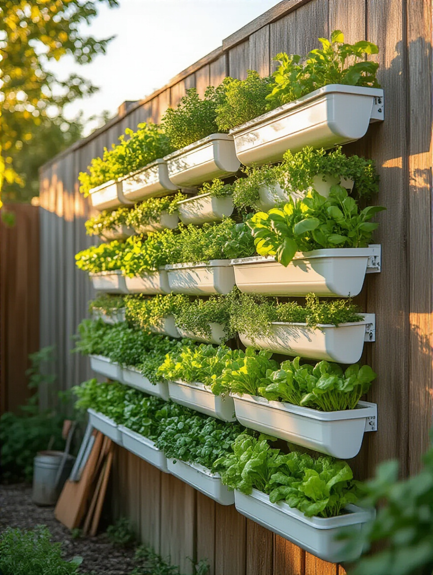 Vertical garden made from upcycled white gutters mounted on wooden fence with lush green herbs and vegetables in a backyard